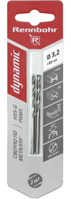 Сверло по металлу ЦХ 3,2х65мм, HSS-G Р6М5, 2шт/уп RENNBOHR DYNAMIC CARD (675032); 11614517