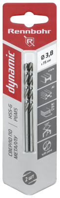 Сверло по металлу ЦХ 3,8х75мм, HSS-G Р6М5, 2шт/уп RENNBOHR DYNAMIC CARD (675038); 11614289