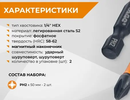 Биты торсионные S2 PH2 x 50 мм 2 шт RAGE 554125; УТ-00000231