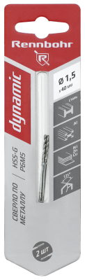 Сверло по металлу ЦХ 1,5х40мм, HSS-G Р6М5, 2шт/уп RENNBOHR DYNAMIC CARD (675015); 11614154