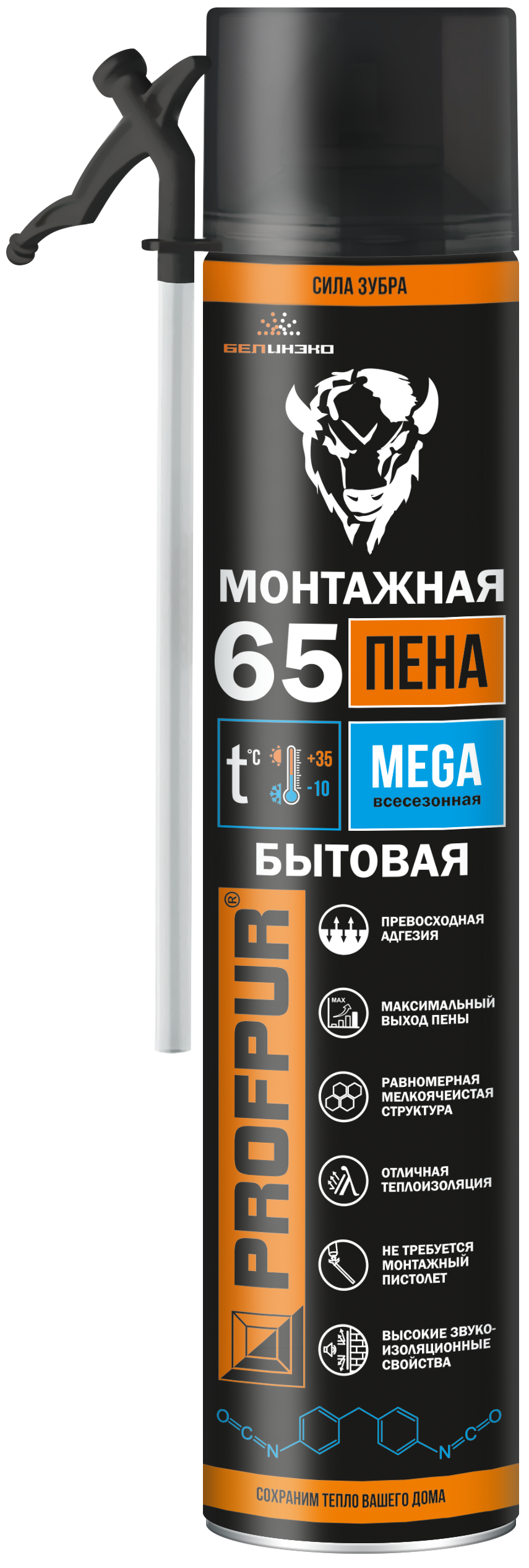 Пена монтажная PROFPUR 65 L бытовая всесезонная, 870 мл; 11593724