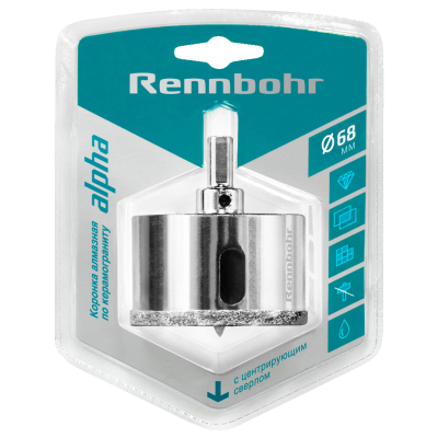 Коронка алмазная 68мм  с центр.сверлом по керамограниту и керамике Rennbohr (676268); 11608947