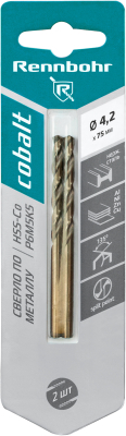 Сверло по металлу ЦХ 4,2х75мм, HSS-Со Р6М5К5, 2шт/уп RENNBOHR COBALT CARD (668042); 11614304