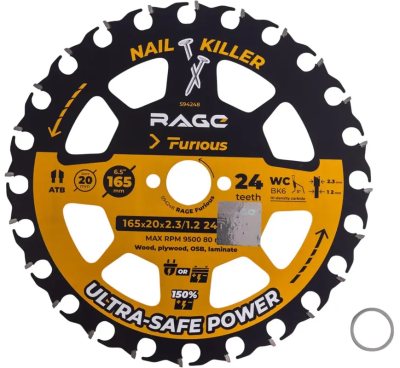 Диск пильный по дереву 165 мм, Z 24, посадка 20+16 RAGE Furious 594248; УТ-00000391