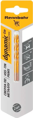 Сверло по металлу ЦХ 3,2х65мм, HSS-TIN Р6М5, 2шт/уп RENNBOHR DYNAMIC-TIN (667032); 11614468