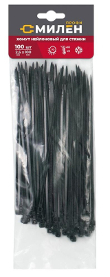 Хомуты нейлоновые для стяжки 2,5х100мм, черные 100 штук Милен 143532; 11615175