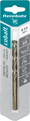 Сверло по металлу ЦХ 7,5х109мм, HSS-Со Р6М5К5, 1шт/уп RENNBOHR COBALT CARD (668075); 11614301