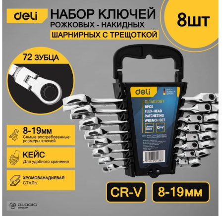 Набор комбинированных шарнирных ключей с трещоткой 8 шт  пластиковый кейс Deli DL140208T; 11612679
