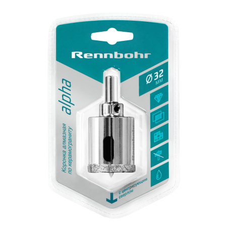 Коронка алмазная 32мм  с центр.сверлом по керамограниту и керамике Rennbohr (676232); 11608948