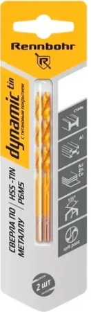 Сверло по металлу ЦХ 3,0х61мм, HSS-TIN Р6М5, 2шт/уп RENNBOHR DYNAMIC-TIN (667030); 11614472