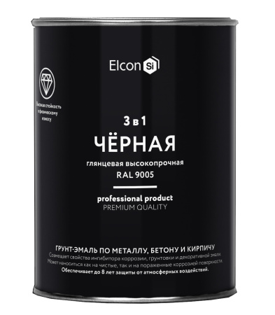 Грунт-эмаль 3 в 1 глянцевая черная RAL 9005 0,8 кг Elcon 00-00750061; 11613510