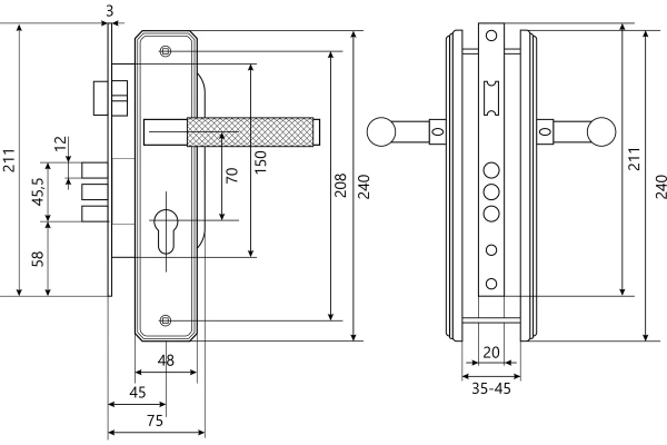 Замок врезной матовый черный 5 ключей с фалевыми ручками БУЛАТ ФЕРОНА ЗВ4-3.70.02.02; 11614761