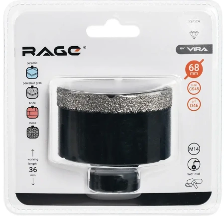 Коронка алмазная 68 мм по керамограниту для УШМ, сухое сверление RAGE 559524;  УТ-00000234