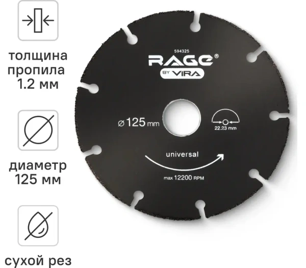 Диск отрезной универсальный для УШМ 125 мм дерево, пластик, алюминий RAGE 594325; УТ-00000194