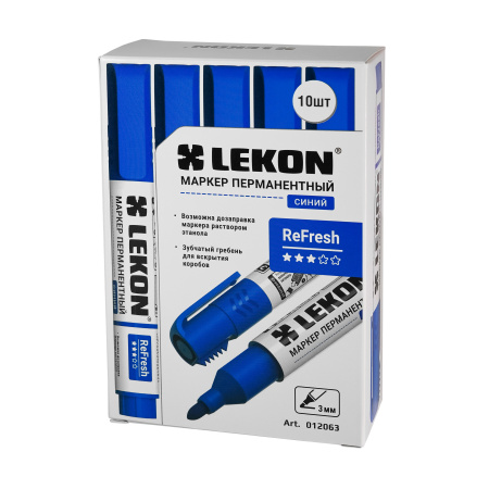 Маркер перманентный 3мм заправляемый синий LEKON ReFresh 012063; 11614368