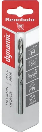 Сверло по металлу ЦХ 7,5х109мм, HSS-G Р6М5, 1шт/уп RENNBOHR DYNAMIC CARD (675075); 11614474