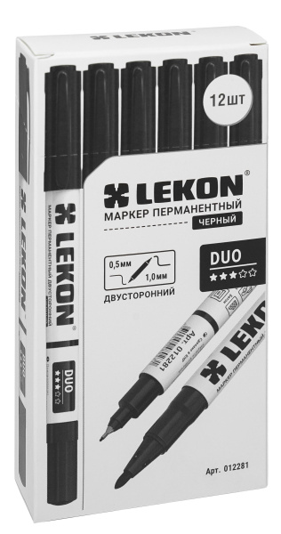 Маркер перманентный двухсторонний черный 0,5-1мм, 12шт упаковка LEKON DUO 012281; 11614363
