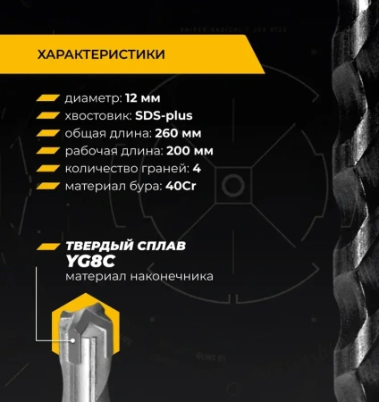 Бур по железобетону 12х260 мм SDS+ Quadro-X RAGE Furious 567226; УТ-00000372