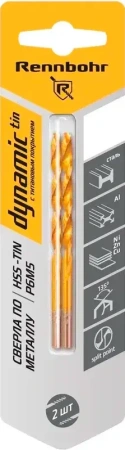 Сверло по металлу ЦХ 4,2х75мм, HSS-TIN Р6М5, 2шт/уп RENNBOHR DYNAMIC-TIN (667042); 11614473