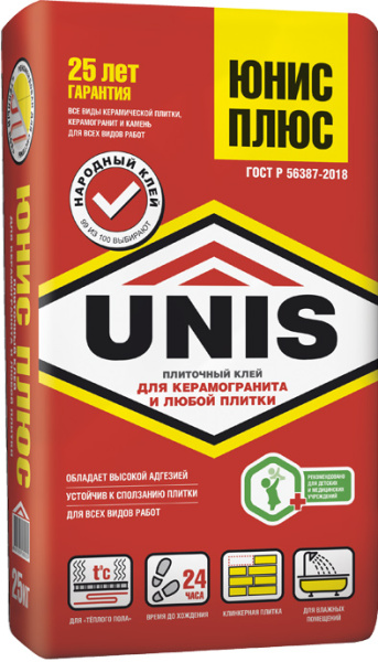 Плиточный клей повышенной прочности UNIS PLUS