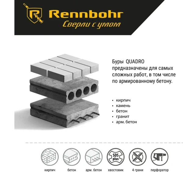 Бур SDS+ 4 грани Rennbohr Quadro 14x160мм (511416); 11614310