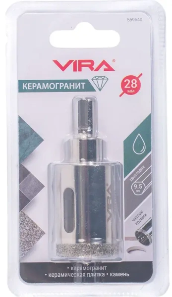 Коронка алмазная по керамике 28 мм трехгранный хвостовик VIRA 559540; УТ-00000206