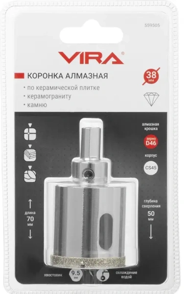 Коронка алмазная по керамике 38 мм трехгранный хвостовик VIRA 559505; УТ-00000213