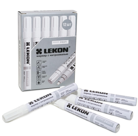 Маркер с нитроэмалью 4мм белый LEKON PROFI 018904; 11614385