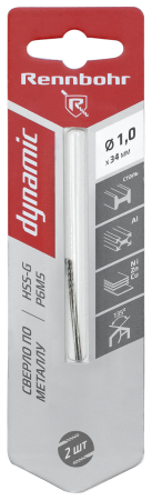 Сверло по металлу ЦХ 1,0х34мм, HSS-G Р6М5, 2шт/уп RENNBOHR DYNAMIC CARD (675010); 11614290