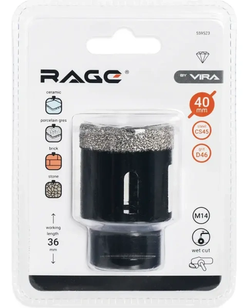 Коронка алмазная 40 мм по керамограниту для УШМ, сухое сверление RAGE 559523;  УТ-00000232