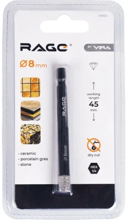 Коронка алмазная по керамограниту 8мм с шестигранным хвостовиком RAGE 559532; УТ-00000237