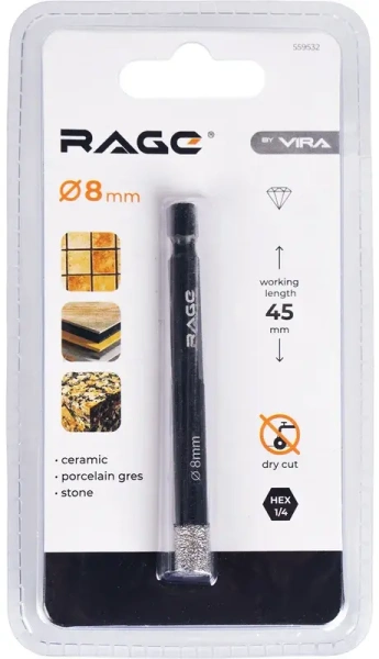 Коронка алмазная по керамограниту 8мм с шестигранным хвостовиком RAGE 559532; УТ-00000237
