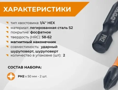 Биты торсионные S2 PH2 x 50 мм 2 шт RAGE 554125; УТ-00000231