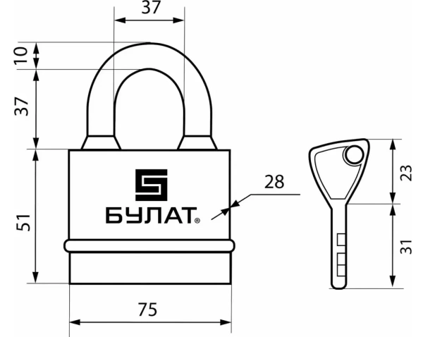Замок навесной 5 ключей d-10 мм всепогодный БУЛАТ ВС 3-Н75 ПЛ; 11614580