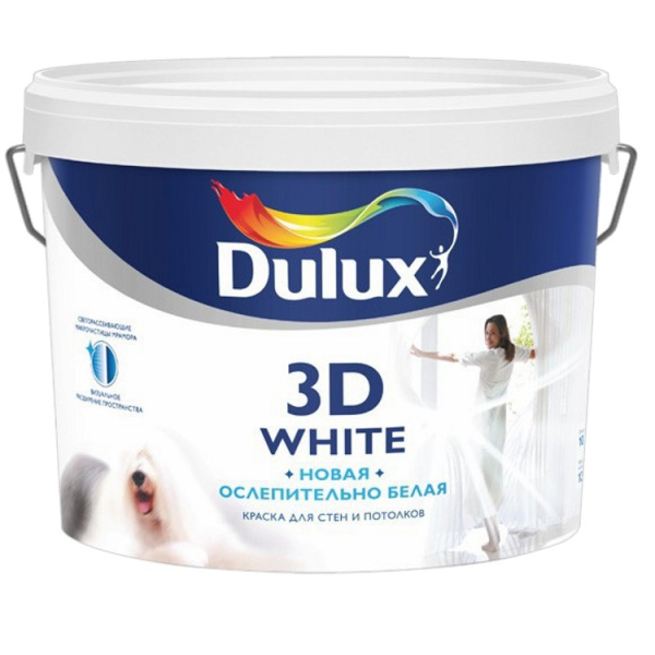 Краска Dulux 3D WHITE для потолка и стен на основе мрамора 10 л; 11595847