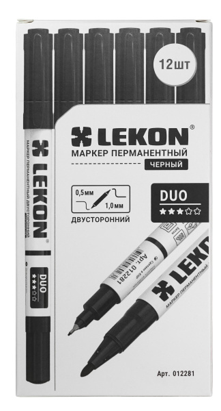 Маркер перманентный двухсторонний черный 0,5-1мм, 12шт упаковка LEKON DUO 012281; 11614363