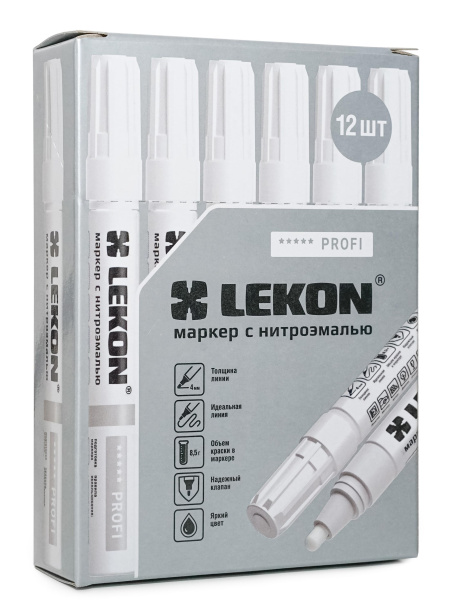 Маркер с нитроэмалью 4мм белый LEKON PROFI 018904; 11614385