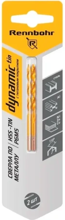 Сверло по металлу ЦХ 2,0х49мм, HSS-TIN Р6М5, 2шт/уп RENNBOHR DYNAMIC-TIN (667020); 11614921