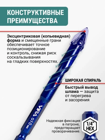 Сверло универсальное 10мм твердосплавное эксцентриковое VIRA 555410; УТ-00000465
