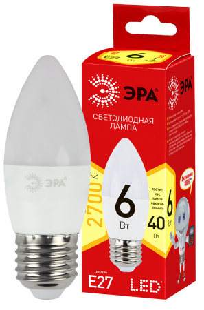 Лампа светодиодная LED-свеча В35 6.0Вт, Е27, 3000К (теплый свет); 11602229