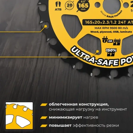Диск пильный по дереву 165 мм, Z 24, посадка 20+16 RAGE Furious 594248; УТ-00000391