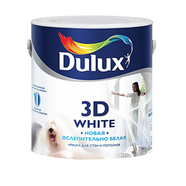 Краска Dulux 3D WHITE для потолка и стен на основе мрамора 2,5л; 11595684