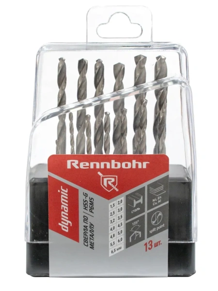 Набор свёрл по металлу 1,5-6,5мм HSS-G  Р6М5 13шт/уп RENNBOHR  DYNAMIC SET (675913); 11614490
