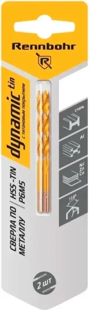 Сверло по металлу ЦХ 2,5х57мм, HSS-TIN Р6М5, 2шт/уп RENNBOHR DYNAMIC-TIN (667025); 11614314