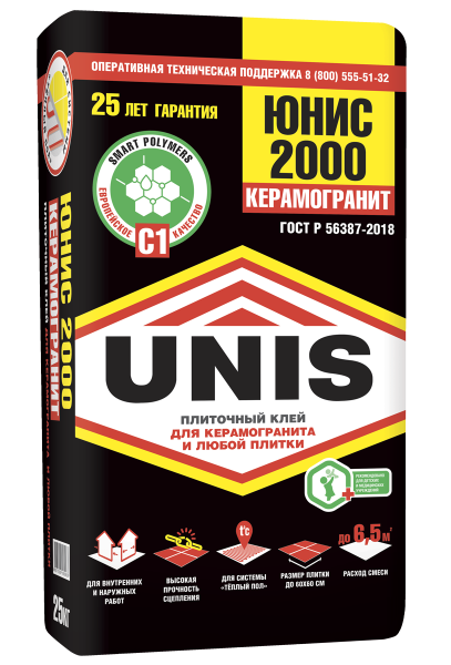 Усиленный плиточный клей  UNIS 2000, класс С1