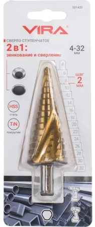Сверло ступенчатое спиральное TiN с трёхгранным хвостовиком 4-32 мм VIRA 551433; УТ-00000256