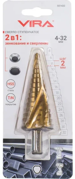 Сверло ступенчатое спиральное TiN с трёхгранным хвостовиком 4-32 мм VIRA 551433; УТ-00000256