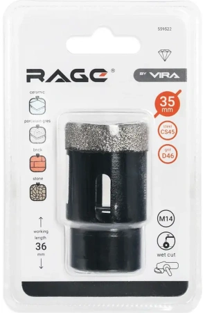 Коронка алмазная 35 мм по керамограниту для УШМ, сухое сверление RAGE 559522;  УТ-00000230