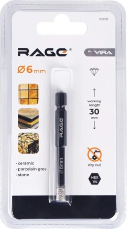 Коронка алмазная по керамограниту 6мм с шестигранным хвостовиком RAGE 559531; УТ-00000235