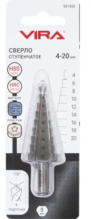 Сверло ступенчатое с трехгранным хвостовиком 4-20 мм VIRA 551420; УТ-00000253